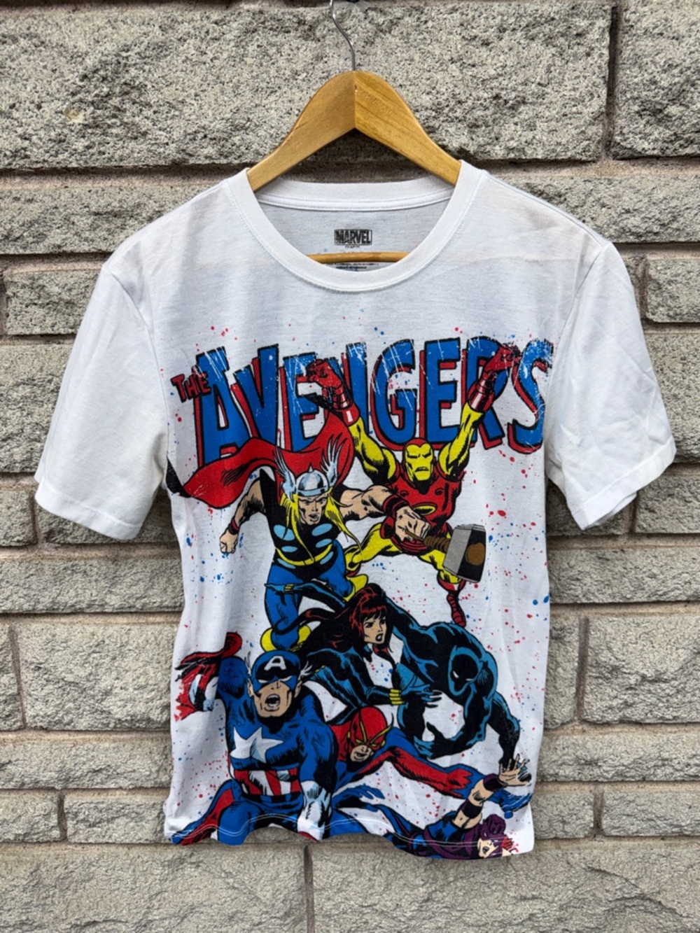 Marvel White Avengers Graphic Tee with Red, Blue & Yellow Print